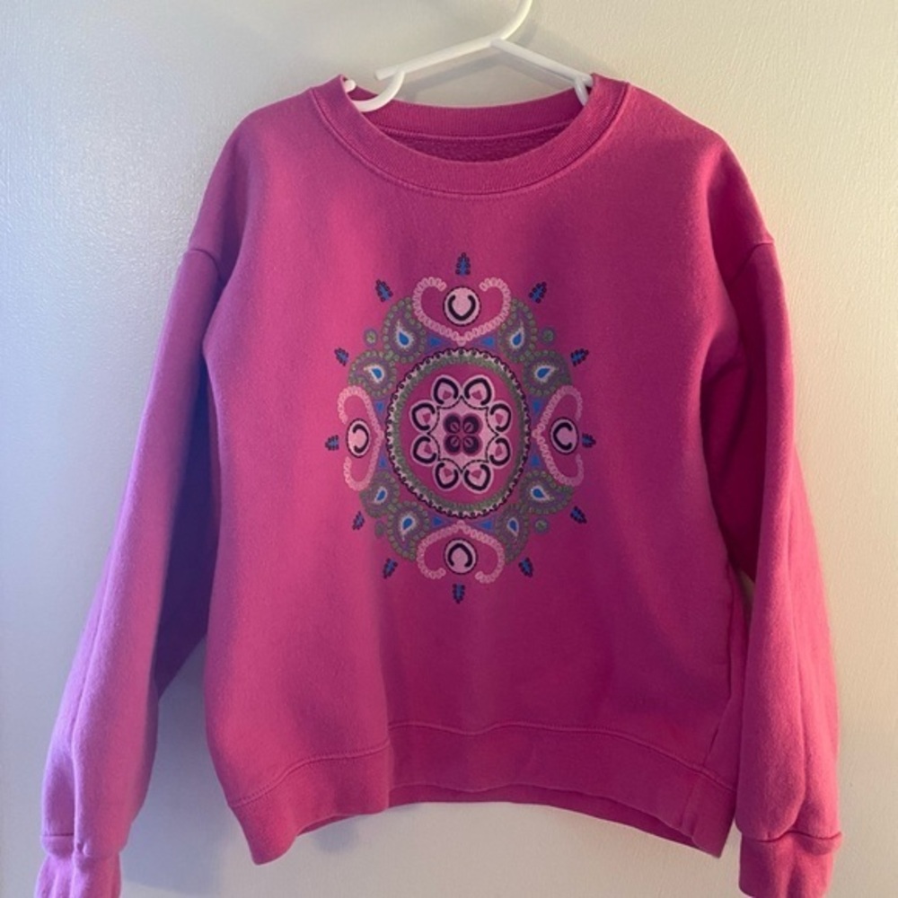 Hanes Girls Pink Sweatshirt with colorful sparkly Mandala Design. Size 7 girls.